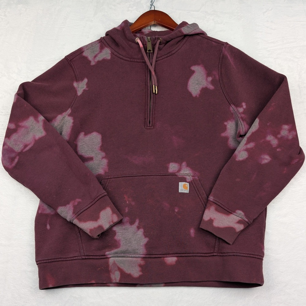 Carhartt Hoodie Women's L Burgundy Bleach Dye Quarter Zip OOAK Custom Reworked